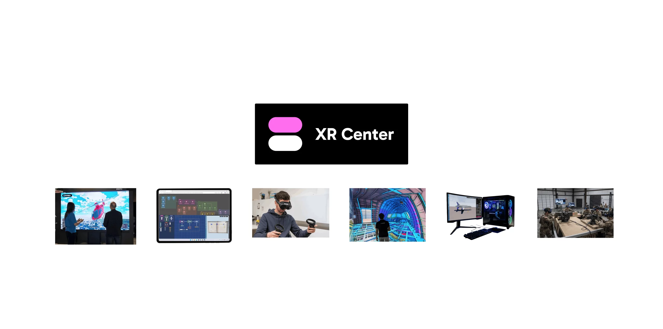 XR Center in industrial use: design review on a large screen, scenario management on a tablet, maintenance training in a VR headset, immersive fuselage inspection, 3D visualization on a desktop workstation, and multi-user operational simulation for defense